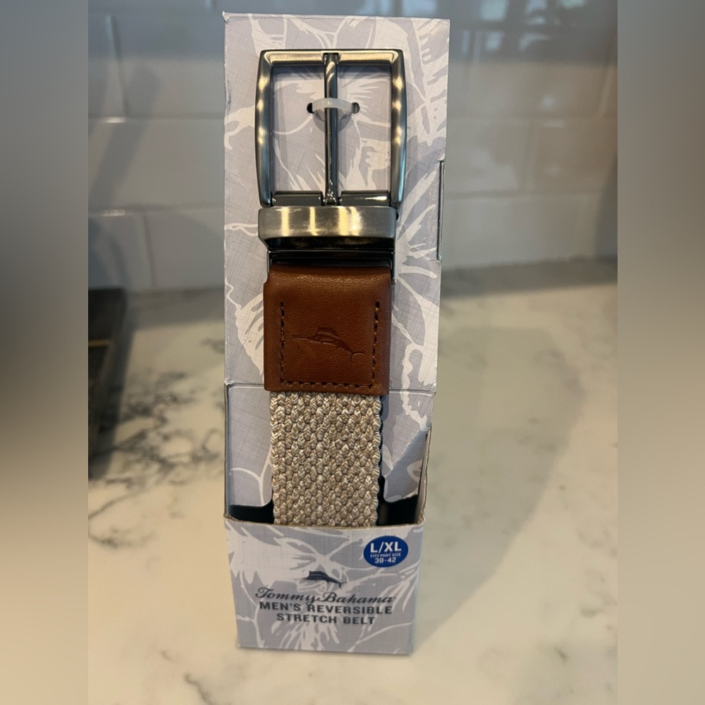 New Tommy Bahama Stretch Braided Reversible Belt Size Large XL Blue & Khaki